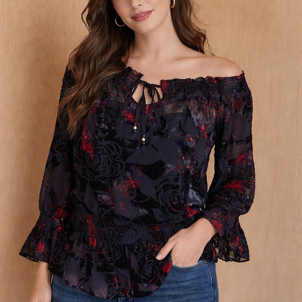 Peasant Lg Blouse Sheer Velvet Burnout Romantic Boho Witchy Goth Fairy Grunge